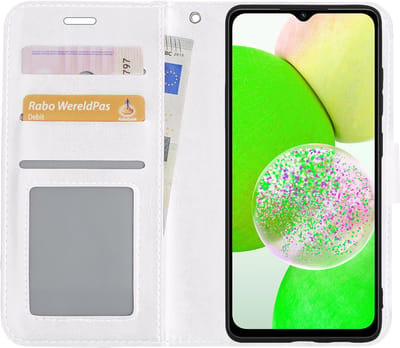 Hoesje Met Pasjeshouder - Geschikt voor Samsung Galaxy A14 - Luxe Bookcase Portemonee - Flip Case - Kunstleer Book Case - Flipcase - Book Cover - Walletcase - Portemonneehoes - Wit
