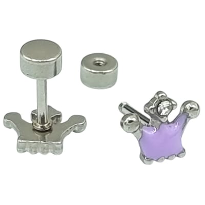 Kinderoorbellen meisje - Kroontje prinses - Paars emaille - Hypoallergeen premium staal - 7 x 7 mm