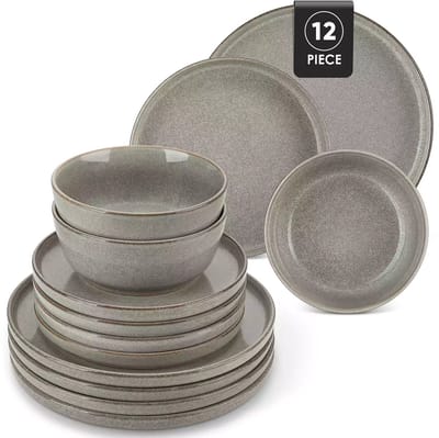 Serviesset - 4 Persoons Servies - Keramiek - Dinerborden - Dessertborden - Ontbijtkommen - 12-delige Set - Bruin