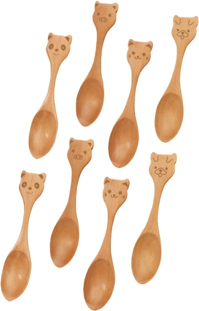 8-delige set - Dessertlepels in cartoonvorm - Houten lepels - Kinderservies - 12 x 3 cm - Houtkleur