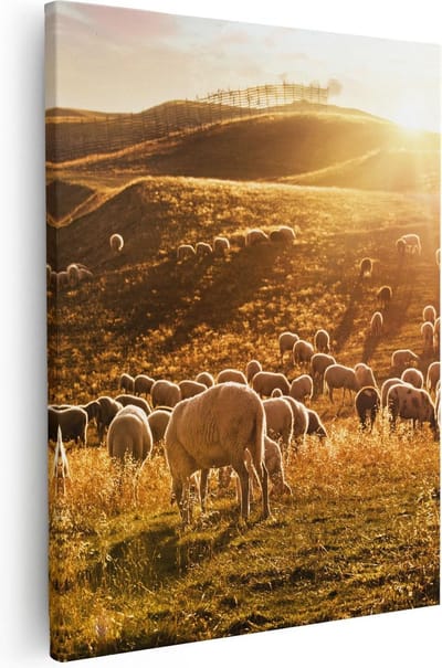 Artaza Canvas Schilderij Kudde Schapen - 40x50 cm - Wanddecoratie Dieren - Muurdecoratie Zonsondergang - Schilderijen Op Canvas