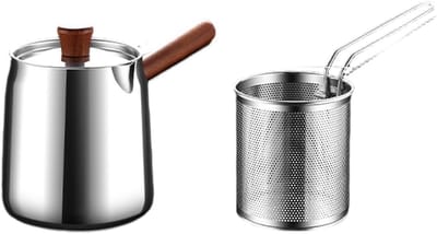 Roestvrijstalen Friteuse - Frituurpan met Mand - Frituren en Vet Bewaren - Walnoot Handvat - 1.5L en 2.0L - Zilver