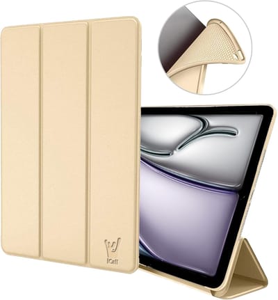 Hoes geschikt voor iPad Air 11 inch 2024 – Ook geschikt voor iPad Air 10.9 2022 / 2020 & Pro 11 2022 / 2021 / 2020 – Smart Cover met Tri-Fold Stand – Schokbestendig – Auto Wake/Sleep – TPU Backcase – Goud