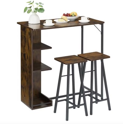 J&R Bartafel set - Bartafel - Bar Tafel - Tafel en 2 krukken - Tafel - 2 Krukken - Hoge tafel - Opbergvakken - Hout - Bruin