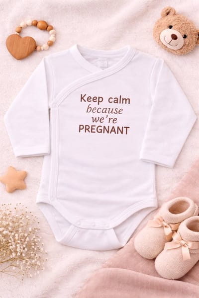 Omslag Romper Baby – Keep calm because we’re pregnant… – Geborduurd – Newborn Cadeau – Unisex / Romper zwangerschapsaankondiging – Unisex babykleding - omslagromper - 100% katoen - baby aankondiging - originele zwangerschaps reveal