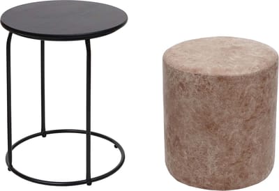 Set van 2 zitkrukken en bijzettafel MCW-K48, salontafel kruk, MVG-gecertificeerd MDF metaal kunstleer ~ bruin