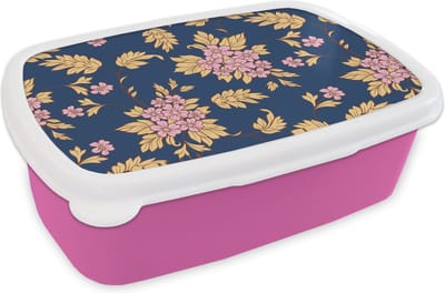 Broodtrommel Roze - Lunchbox - Brooddoos - Bloesem - Bladeren - Roze - Goud - Patronen - 18x12x6 cm - Kinderen - Meisje