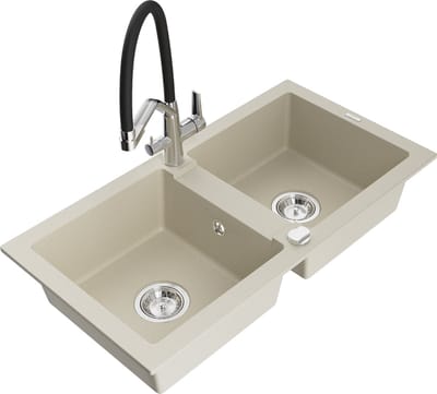 Mexen Mario granieten dubbele spoelbak met Duo keukenmengkraan, beige - 6504-69-671701-07