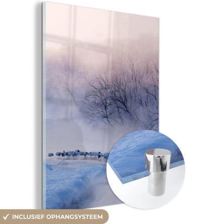 MuchoWow® Glasschilderij 120x160 cm - Schilderij acrylglas - Vogel - Mist - Rivier - Winter - IJs - Foto op glas - Schilderijen