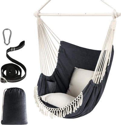Hanging Swing Max 500LB 2 Cushions Included Steel Spreader Bar with Anti-Slip Grooves Portable Hanging Chair Side Pocket Large Macrame Bohemian Chair Indoor Outdoor