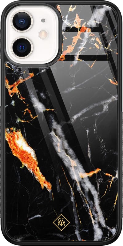 Casimoda® hoesje - Geschikt voor iPhone 12 Mini - Marmer Zwart Oranje - Luxe Hard Case Zwart - Backcover telefoonhoesje - Zwart