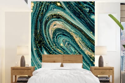 Behang - Fotobehang Marmerlook - Luxe - Goud - Turquoise - Glitter - Breedte 165 cm x hoogte 220 cm