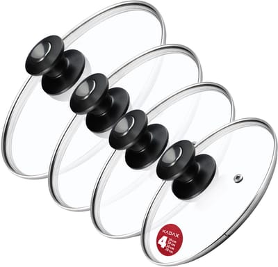 KADAX Pandekselset, universeel deksel van glas met handvat, hittebestendige dekselset in verschillende maten, pannendekselset, glazen deksel voor pot, pan (20 + 24 + 26 + 28 cm, zwart en zilveren