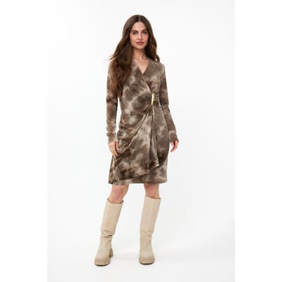 EsQualo Dress Velvet Wrap Over Print Maat: S | Midi Jurken Outlet | Dames | Bruin