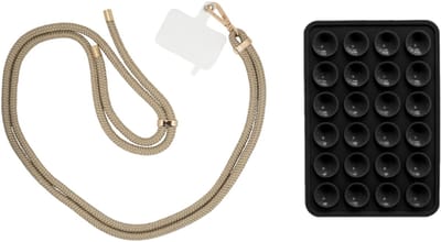 xoxo Wildhearts Telefoonkoord Bruin & Goud + Telefoonsticker Stick On Me Square Zwart – geschikt voor alle telefoonhoesjes