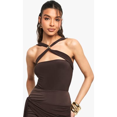 boohoo Dames Slinky Cross Over Body met Detail Afwerking | Chocolate | Maat: 14