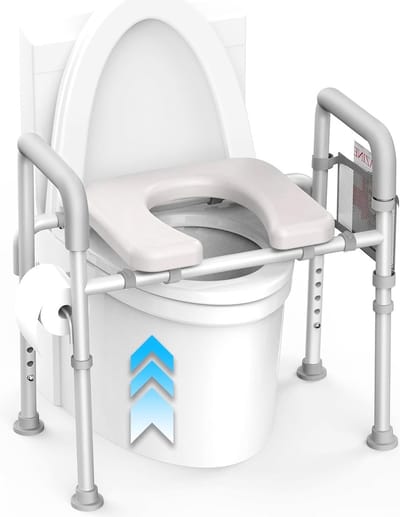 Verhoogde toiletbril met handgrepen - Gewatteerde medische commode voor ouderen, handicap en zwangeren - Verstelbare douchestoel met opbergtas
