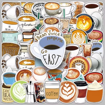 Koffie stickers - 50 stuks - deco stickers- laptop stickers - knutselen - bullet journal stickers
