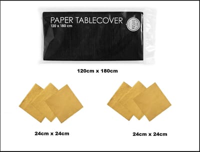 1x Tafelkleed papier zwart 120cm x 180cm + 40x Cocktail servetten goud 24cm x 24cm 3 laags