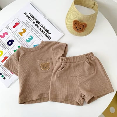 Zomer Dunne Kinderen Berenpak Heren Schat Vrouwen Schat Korte Mouw Ademend Pullover Wafelstijl Tweedelige Set 100 kaki