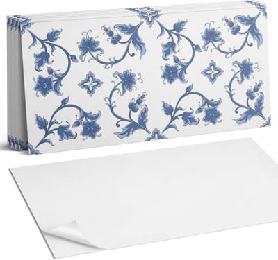 Coloray Plaktegels - Bloemenpatroon op de achtergrond Wandtegel Zelfklevend - 60 cm x 30 cm - Blauw Plaktegels - 6 stuks - Rechthoek PVC Tegels - Plaktegels Keuken - Zelfklevende Vloertegels Badkamer - Vinyl Tegels Zelfklevend - Portugese Tegels