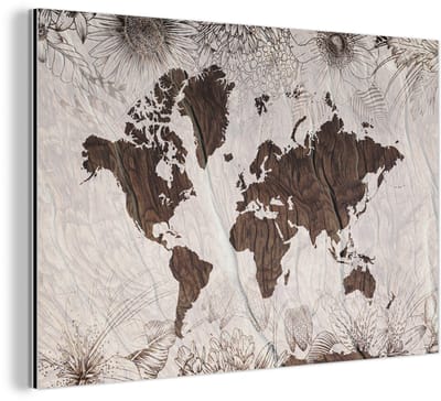 Aluminium schilderij 180x120 cm - Wanddecoratie metaal - Wereldkaart - Hout - Bloemen - Metalen muurdecoratie woonkamer - Decoratie industrieel - Foto op dibond - Industriële accessoires slaapkamer