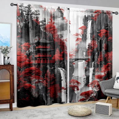 2 stuks Zwart Landschapsschilderij Bedrukt Gordijn voor Huisdecoratie - Tunnel voor Roede Raambekleding voor Slaapkamer, Kantoor, Keuken 52.5cmX116cm X 2pcs gray