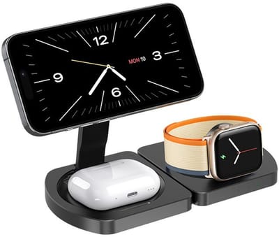 DrPhone ChargePro2 – 3-in-1 Vouwbare Draadloze Oplaadstandaard – MagSafe – Geschikt voor iPhone 17/16/15/14/13/12 – Apple Watch Ultra/10/9/8/7 – AirPods Pro/2/3 – Snelladen – Compact & Reisvriendelijk – Zwart