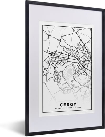 Fotolijst incl. Poster Zwart Wit- Frankrijk - Kaart - Cergy - Plattegrond - Stadskaart - Zwart wit - 40x60 cm - Posterlijst