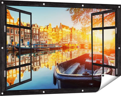 Gards Tuinposter Doorkijk Amsterdamse Brug - Gracht - met Bloemen - 120x80 cm - Tuindoek - Tuindecoratie - Wanddecoratie buiten - Tuinschilderij