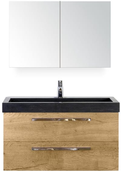 Seville Badmeubelset 100 cm - Natuur Eiken - Wastafel Hardsteen Wit Lucca met Spiegelkast