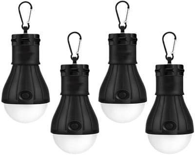 LED-tentlamp voor kamperen, draagbare, waterdichte noodlamp voor buiten, werkt op batterijen met clip, superhelder, geschikt voor wandelen, feesten, kamperen, vissen en stroomuitval (4 stuks, zwart)