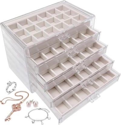 Sieradenopslag - Beige - 23,5 x 13,7 x 17 cm - Acryl Sieradenorganizer met 5 Laden - Voor Ringen en Oorbellen