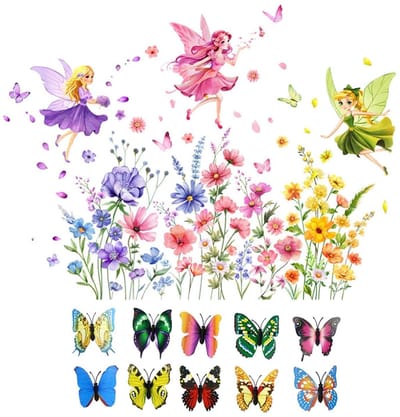 Dailygoods- Muursticker Bloem Fee - 3D Driedimensionale Vlinders - Slaapkamer Decoratie - Milieuvriendelijk PVC - 100x75 cm - Romantische Atmosfeer - Muurdecoratie