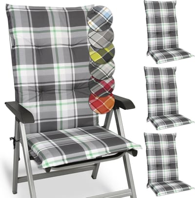 Beautissu Sunny MK – Set van 4 Tuinkussens Hoge Rug 120x50 cm met UV-lichtechtheid Comfortabele Tuinstoel Zitkussen Mint Groen geruit