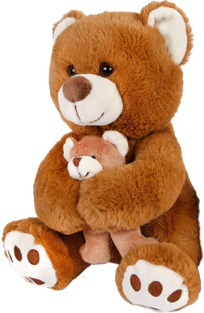Knuffel pluche Moederbeer met welp - donkerbruin - 25 cm