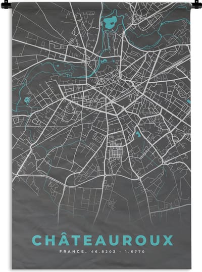 Wandkleed - Wanddoek - Châteauroux - Plattegrond - Stadskaart - Frankrijk - Kaart - 120x180 cm - Wandtapijt