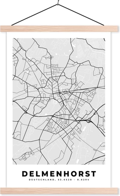 Posterhanger incl. Poster 40x60 cm - Schoolplaat - Delmenhorst - Kaart - Stadskaart - Duitsland - Plattegrond - Textielposter - Blanke latten - Stadskaart