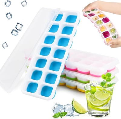 Siliconen ijsblokjesvorm set van 4, stapelbare en herbruikbare tray met deksel, BPA-vrij voor vierkante ijsblokjes