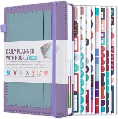 KZQ Planner/agenda, dag-/week-/maandplanner, inclusief 8 creatieve stickervellen, 400 pagina's, notitieboek zonder datums, dagboek, universele bindwijze voor kantoor en thuisgebruik (paars).