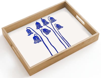 Dienblad hout 40x30 cm - Schootdienblad - Bloemen - Blauw - Lijnen - Bloemblaadjes - Borrelplank rechthoek - Plateau dienbladen