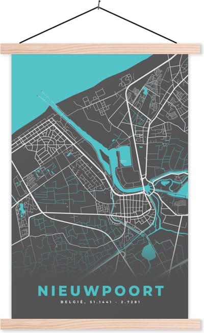 Posterhanger incl. Poster 40x60 cm - Schoolplaat - België – Nieuwpoort – Stadskaart – Kaart – Blauw – Plattegrond - Textielposter - Blanke latten - Stadskaart