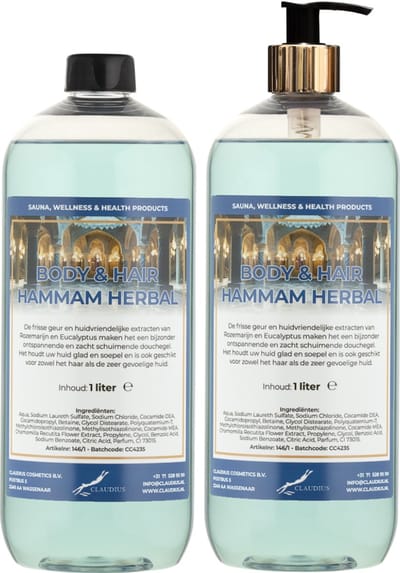 Body & Hair Hammam Herbal 1 liter met gouden pomp - set van 2 stuks - 2 in 1 voor lichaam en haar - voordeelverpakking