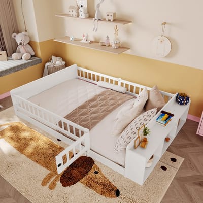 Wishdor – Kinderbed 140x190 cm – Met Open Opbergrek & Planken – Inclusief Openklapbaar Hekje – Veilig & Praktisch – Grenen & MDF – Wit