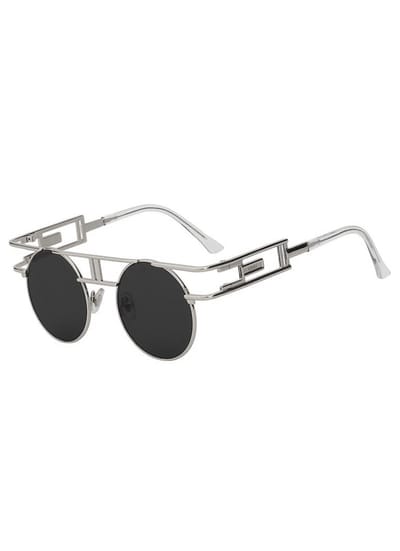 KIMU® Ronde Zonnebril Steampunk Burning Man - Zilver Montuur Rond - Zwarte Glazen - Zilveren Retro Vintage Festival