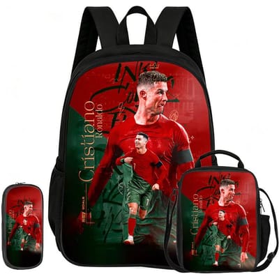 Voetbal Sportrugzak Ronaldo 3-delige Set Schoolrugzak Leren, Reizen Etui, Lunchtas, Voetbalster Boekentas