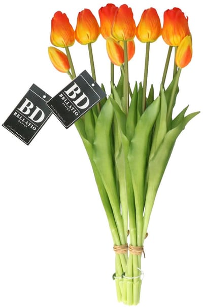 Bellatio Design Kunst tulpen boeket Sally - 14x stuks - oranje - real touch - 47 cm