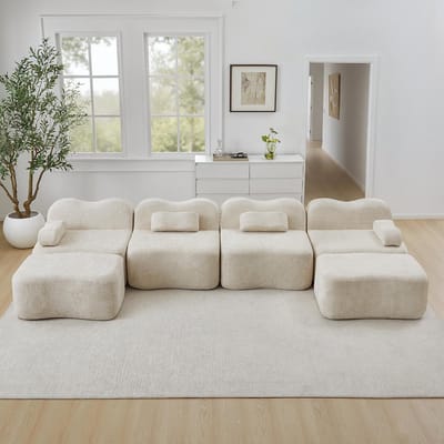 BLACKCOLORS Modulaire U-vormige 4-zitsbank, Boneless-bank met 2 chaise longues, golvende vorm, schuim met hoge dichtheid 32D, afneembare armleuningkussens, zachte stof, voor woonkamer, beige