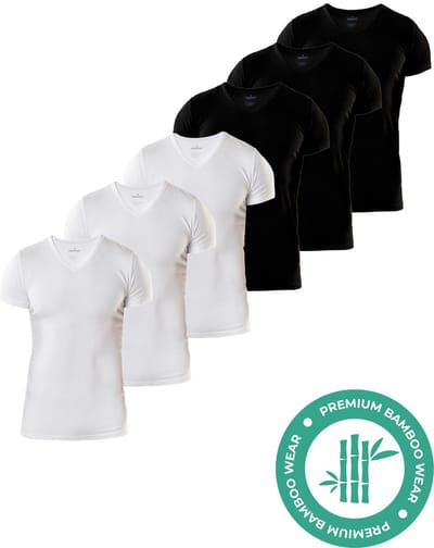 SQQUADD® Bamboe T-Shirt Heren - Slim fit - V-hals - Maat S - 6-pack - Zijdezacht en Ademend - Anti Zweet T-Shirt - Ondershirt Heren - Zwart en Wit