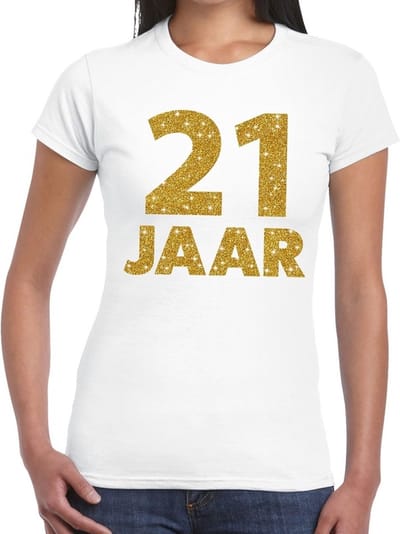 21 jaar goud glitter verjaardag t-shirt wit dames - verjaardag shirts XS